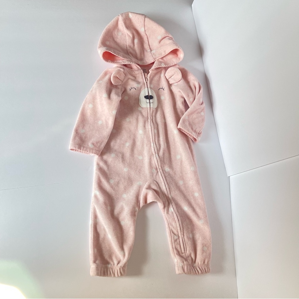 Carter's Pink Polka Dot Fleece Hooded Bear Long Sleeve Baby Onesie Jammie - 6M